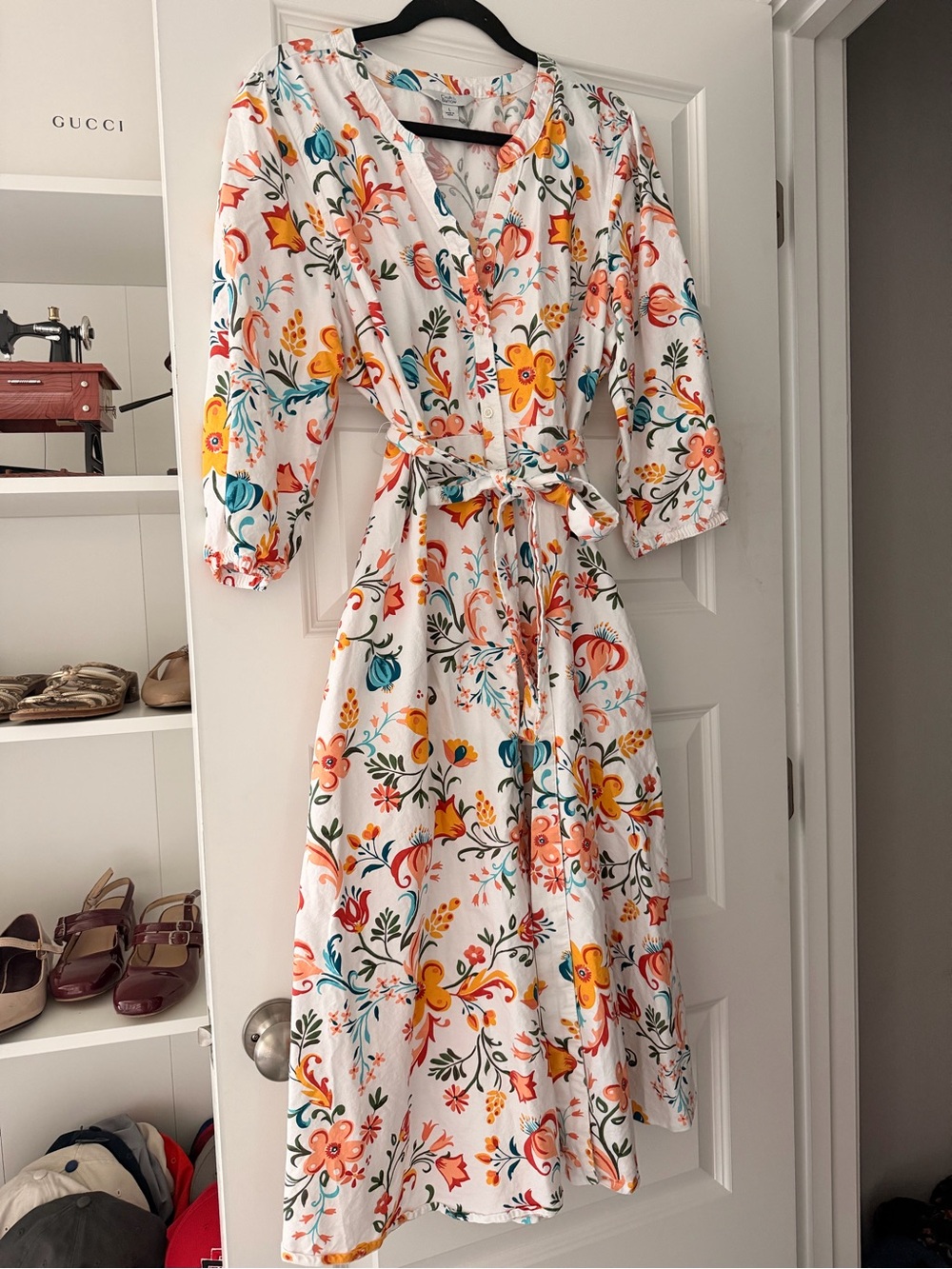 croft & barrow White Floral Wrap Midi Dress with Yellow, Coral & Teal Accents